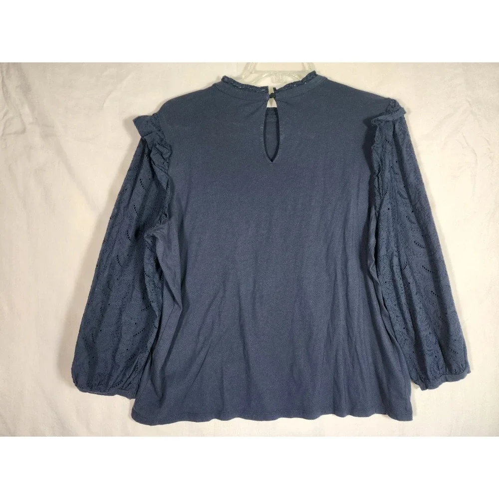 LOFT Outlet XL Navy Blue Eyelet Puff Sleeve Blouse Cottagecore Boho Top Peasant